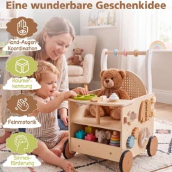 Holz Lauflernwagen mit Abgerundete Kanten für Jungen & Mädchen ab 1 Jahr 35,5 x 31,5 x 50,5 cm