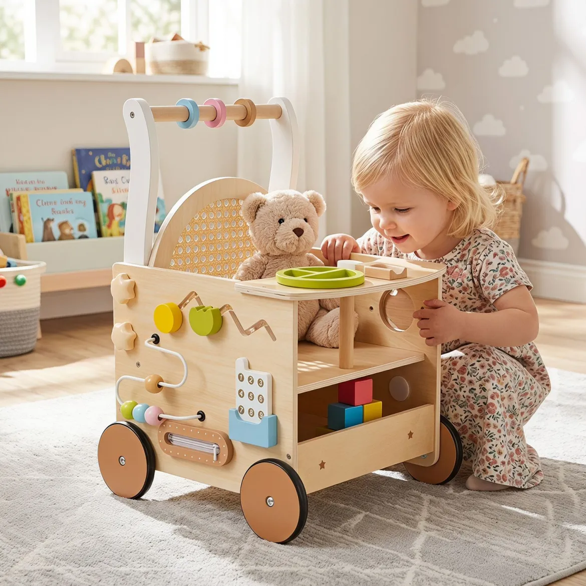 Holz Lauflernwagen mit Abgerundete Kanten für Jungen & Mädchen ab 1 Jahr 35,5 x 31,5 x 50,5 cm