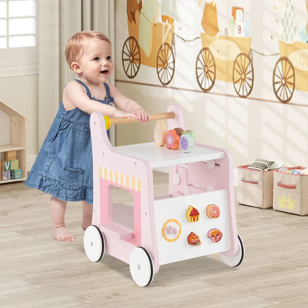 Holz Lauflernwagen mit Stauraum Lauflernhilfe auf Rädern Dessertladen mit Eiscreme Rosa