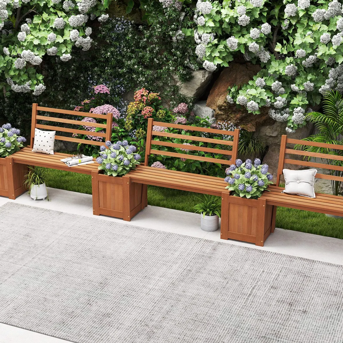 Holz Outdoor Pflanzkasten mit Bank Gartensitz mit 2 Blumenkästen & Rückenlehne Natur