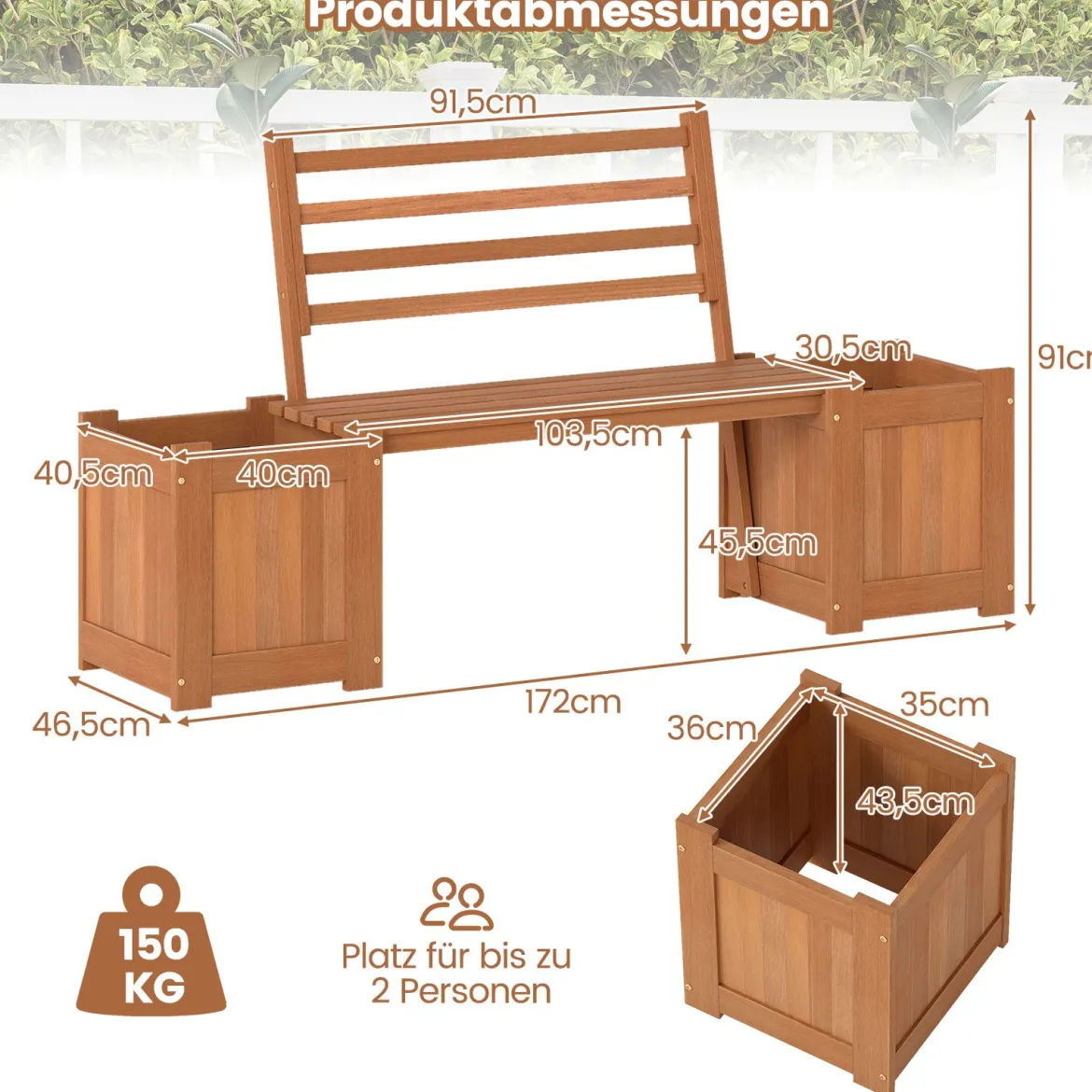 Holz Outdoor Pflanzkasten mit Bank Gartensitz mit 2 Blumenkästen & Rückenlehne Natur