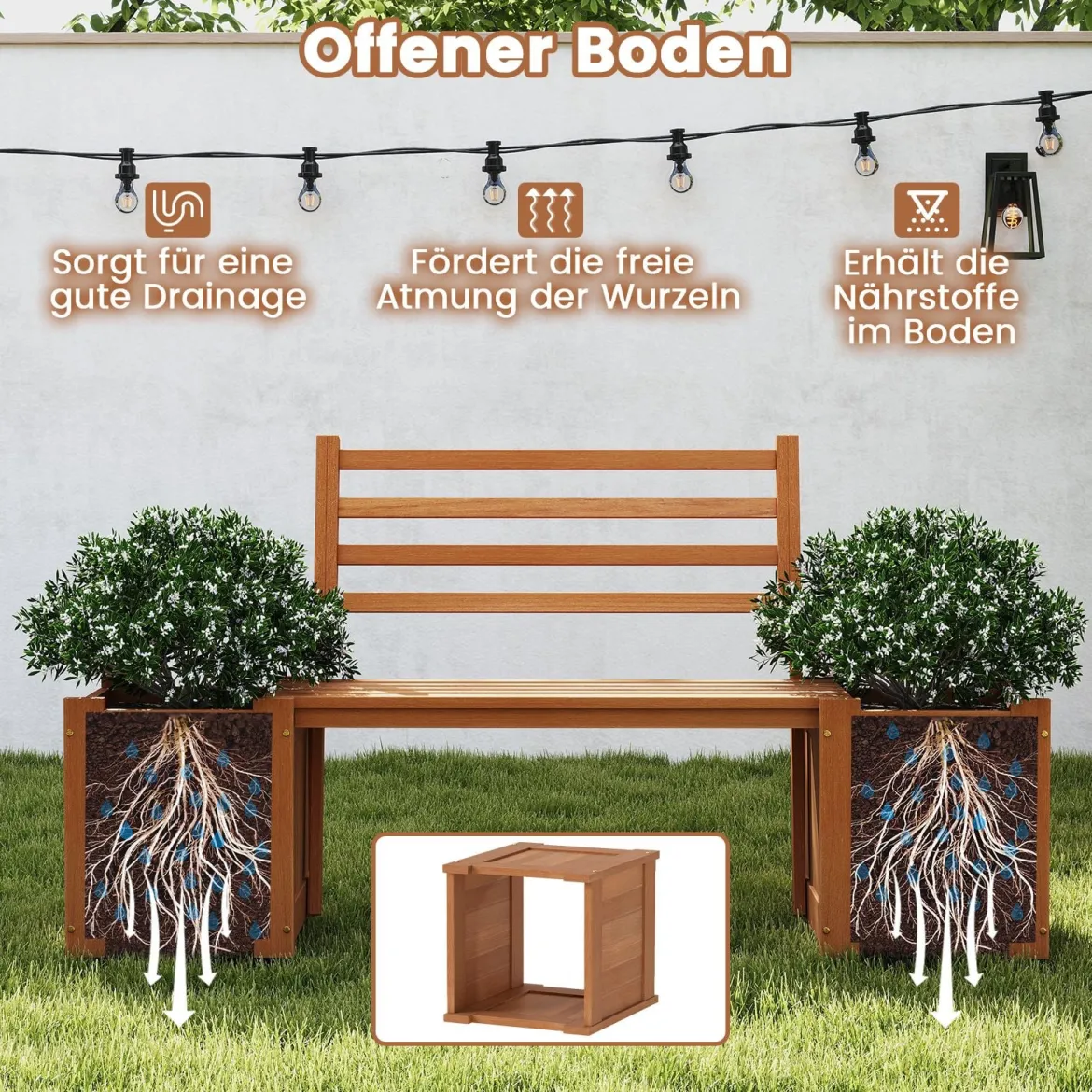 Holz Outdoor Pflanzkasten mit Bank Gartensitz mit 2 Blumenkästen & Rückenlehne Natur