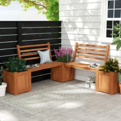 Holz Outdoor Pflanzkasten mit Bank Gartensitz mit 2 Blumenkästen & Rückenlehne Natur