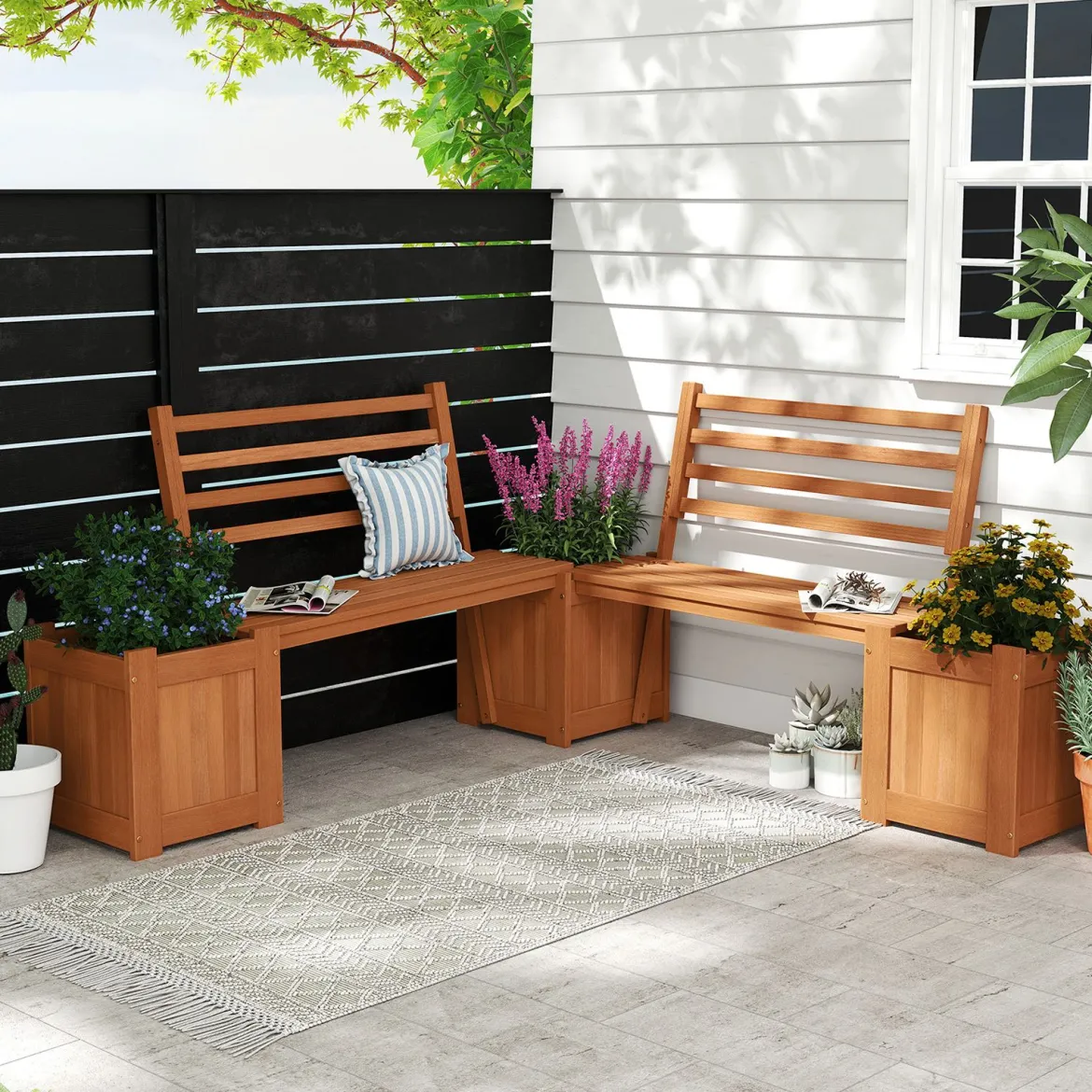 Holz Outdoor Pflanzkasten mit Bank Gartensitz mit 2 Blumenkästen & Rückenlehne Natur