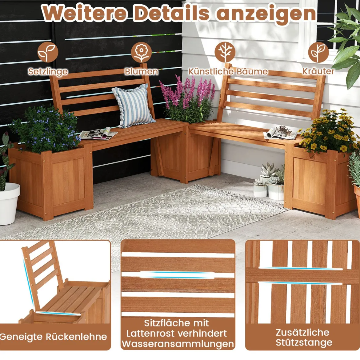 Holz Outdoor Pflanzkasten mit Bank Gartensitz mit 2 Blumenkästen & Rückenlehne Natur