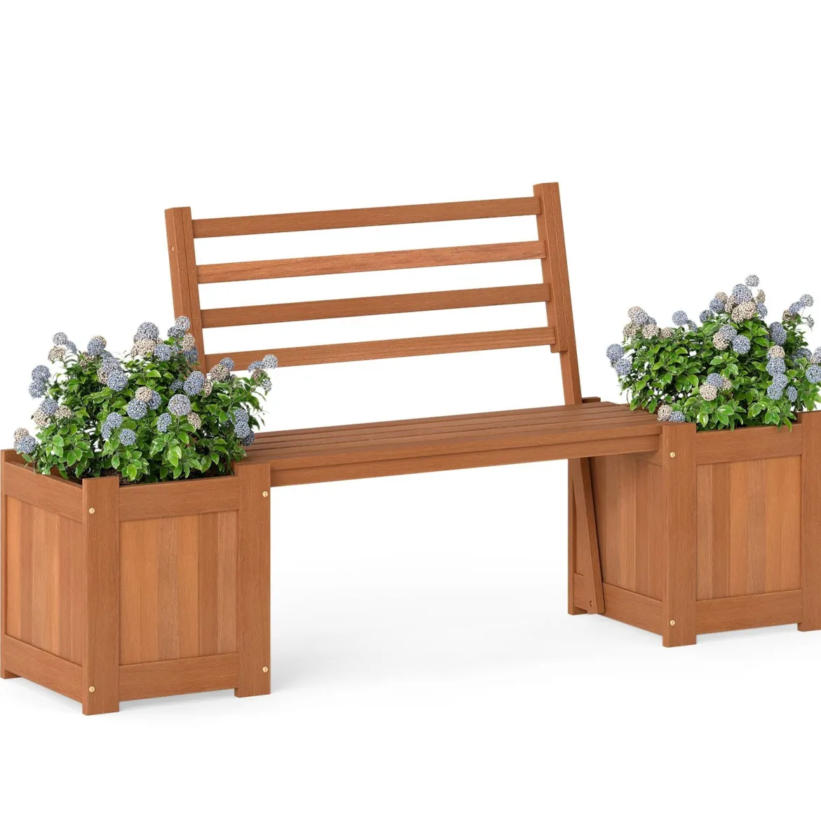 Holz Outdoor Pflanzkasten mit Bank Gartensitz mit 2 Blumenkästen & Rückenlehne Natur