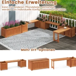 Holz Outdoor Pflanzkasten mit Bank Gartensitz mit 2 Blumenkästen & Rückenlehne Natur