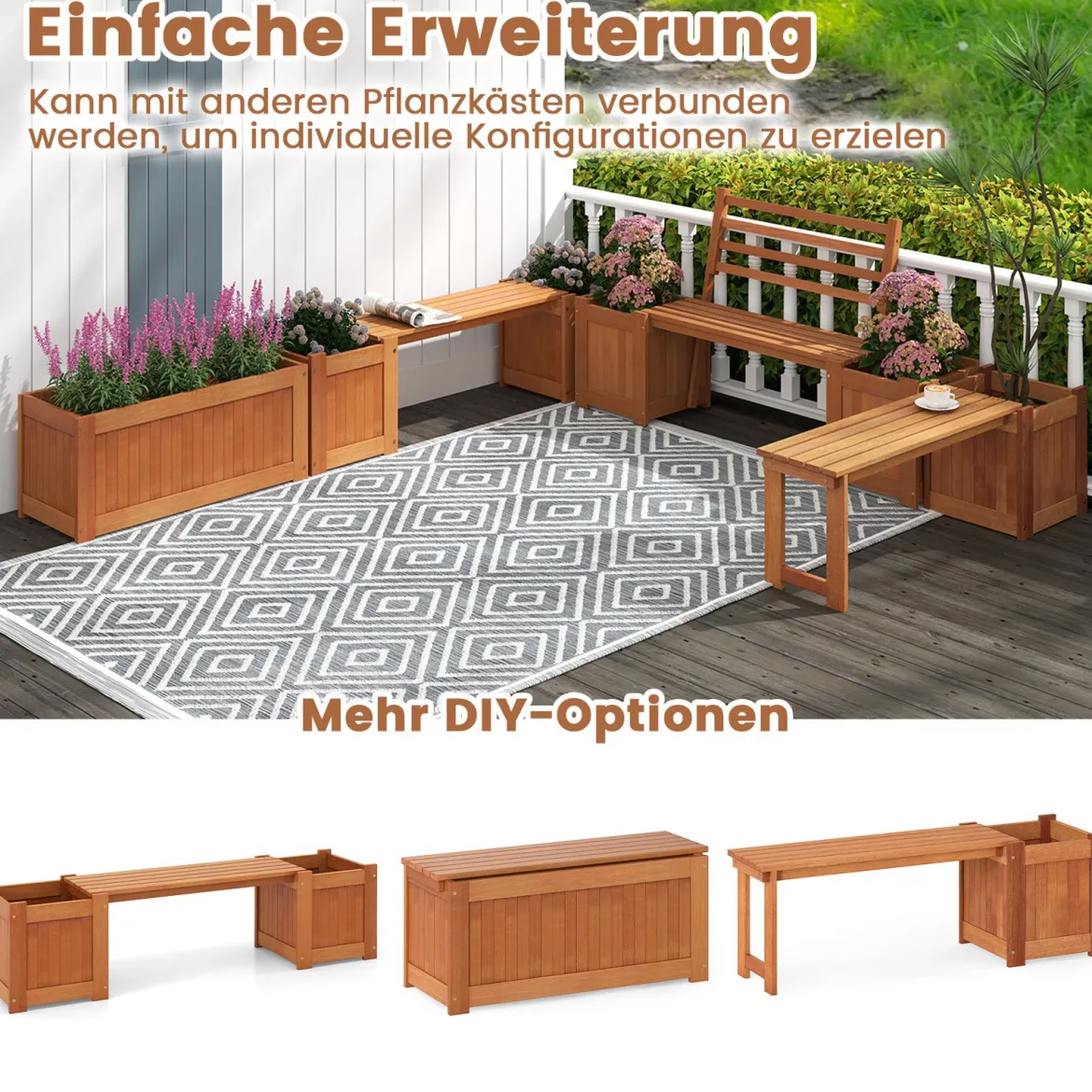Holz Outdoor Pflanzkasten mit Bank Gartensitz mit 2 Blumenkästen & Rückenlehne Natur