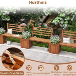 Holz Outdoor Pflanzkasten mit Bank Gartensitz mit 2 Blumenkästen & Rückenlehne Natur