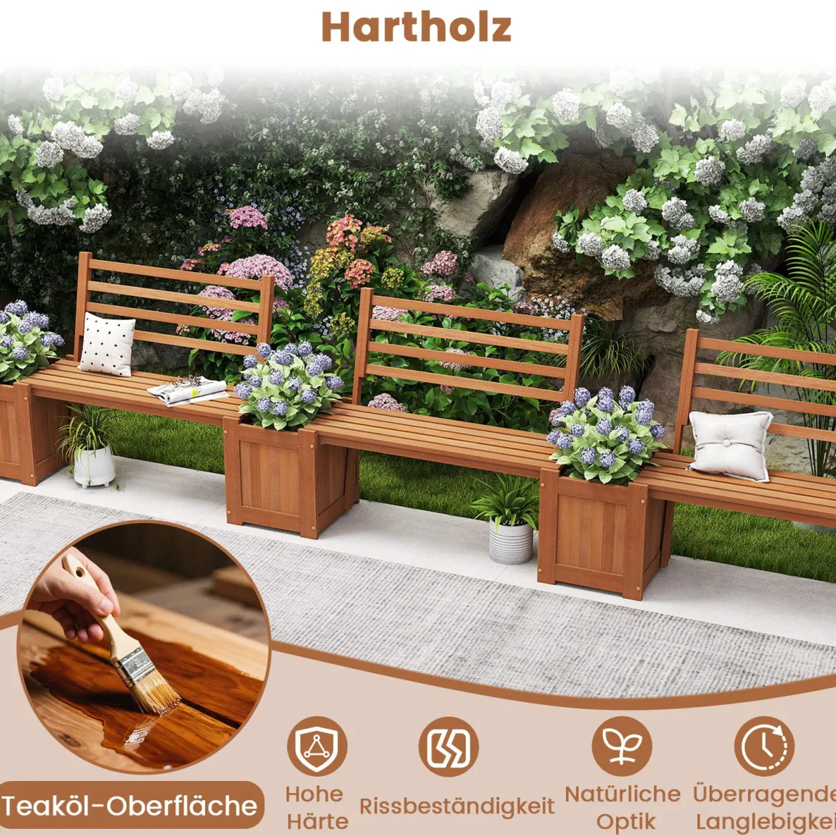 Holz Outdoor Pflanzkasten mit Bank Gartensitz mit 2 Blumenkästen & Rückenlehne Natur