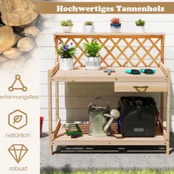 Holz Pflanztisch mit Rankgitter Gärtnertisch mit Arbeitsplatte & Schublade & 2 Ablagen Natur