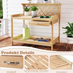 Holz Pflanztisch mit Rankgitter Gärtnertisch mit Arbeitsplatte & Schublade & 2 Ablagen Natur