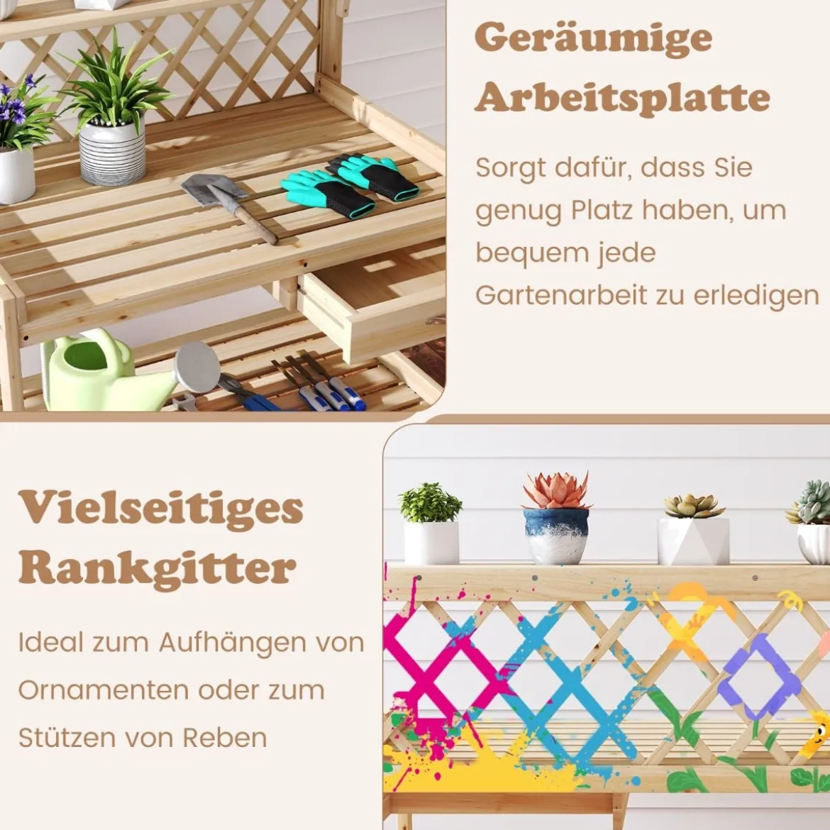 Holz Pflanztisch mit Rankgitter Gärtnertisch mit Arbeitsplatte & Schublade & 2 Ablagen Natur