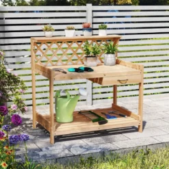 Holz Pflanztisch mit Rankgitter Gärtnertisch mit Arbeitsplatte & Schublade & 2 Ablagen Natur