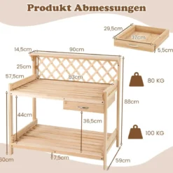 Holz Pflanztisch mit Rankgitter Gärtnertisch mit Arbeitsplatte & Schublade & 2 Ablagen Natur