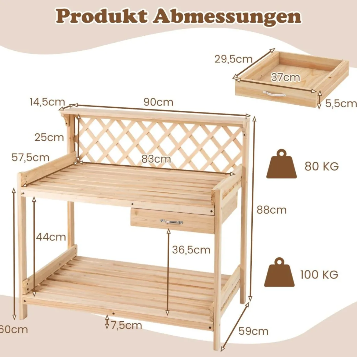 Holz Pflanztisch mit Rankgitter Gärtnertisch mit Arbeitsplatte & Schublade & 2 Ablagen Natur