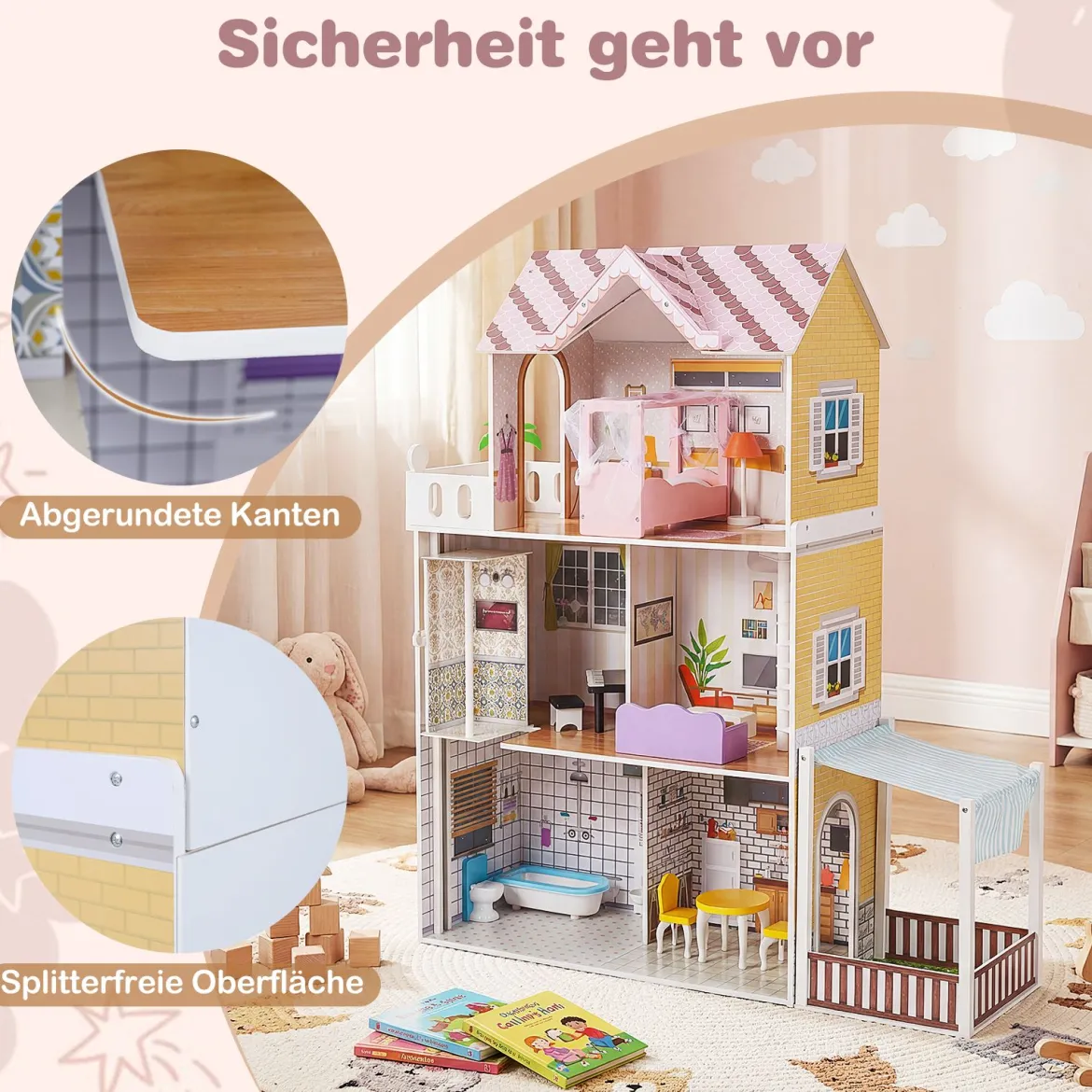 Holz Puppenhaus für Kinder 3-stöckiges DIY modernes Familien-Puppenhaus zum Rollenspiel Rosa