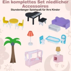 Holz Puppenhaus für Kinder 3-stöckiges DIY modernes Familien-Puppenhaus zum Rollenspiel Rosa