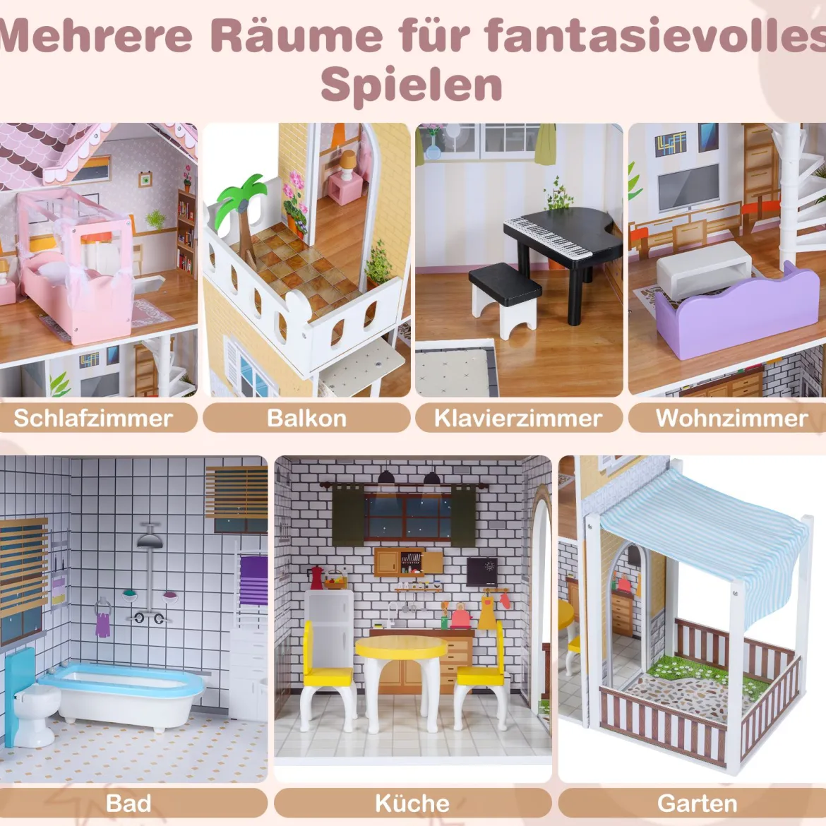 Holz Puppenhaus für Kinder 3-stöckiges DIY modernes Familien-Puppenhaus zum Rollenspiel Rosa