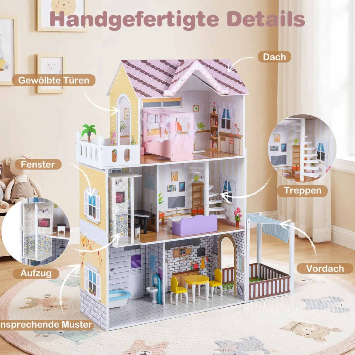 Holz Puppenhaus für Kinder 3-stöckiges DIY modernes Familien-Puppenhaus zum Rollenspiel Rosa