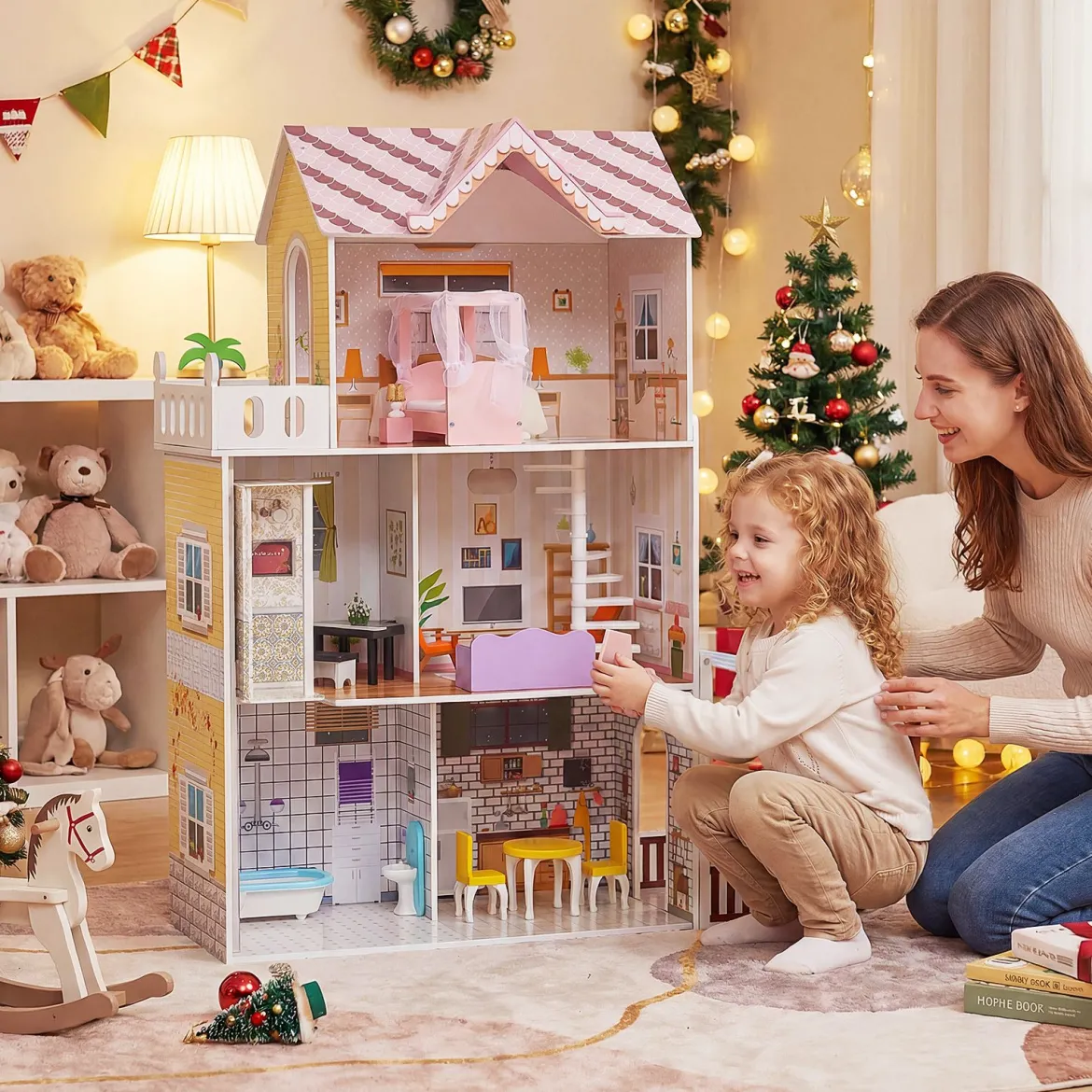 Holz Puppenhaus für Kinder 3-stöckiges DIY modernes Familien-Puppenhaus zum Rollenspiel Rosa