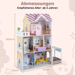 Holz Puppenhaus für Kinder 3-stöckiges DIY modernes Familien-Puppenhaus zum Rollenspiel Rosa