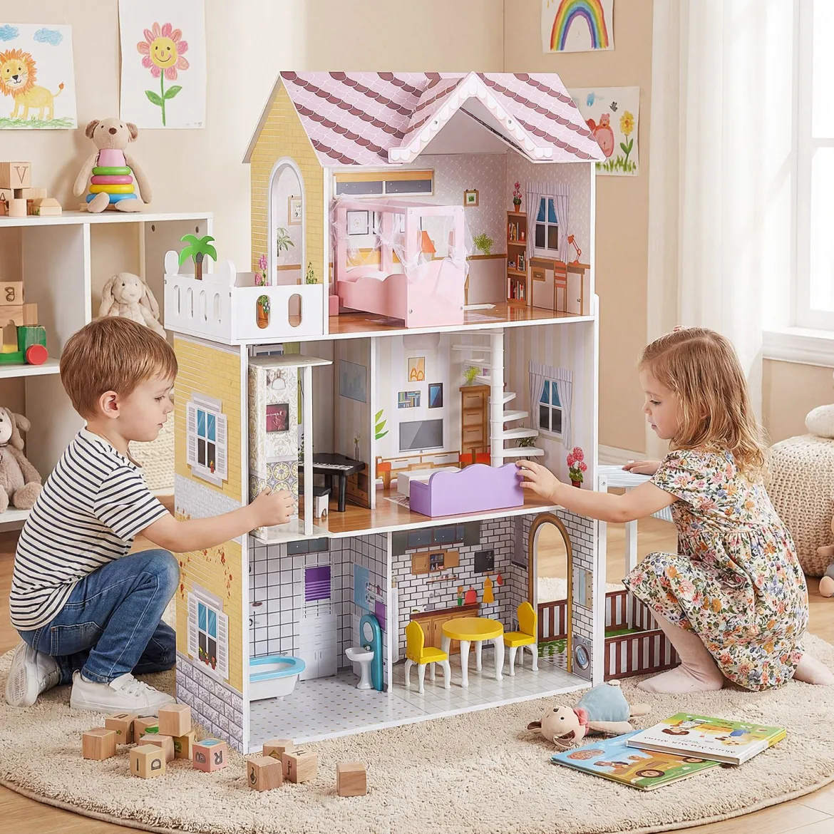 Holz Puppenhaus für Kinder 3-stöckiges DIY modernes Familien-Puppenhaus zum Rollenspiel Rosa
