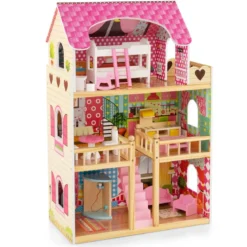 Holz Puppenhaus mit 3 Etagen & 15 Möbel & 6 Zimmern Traumhaus Dollhouse Puppenvilla