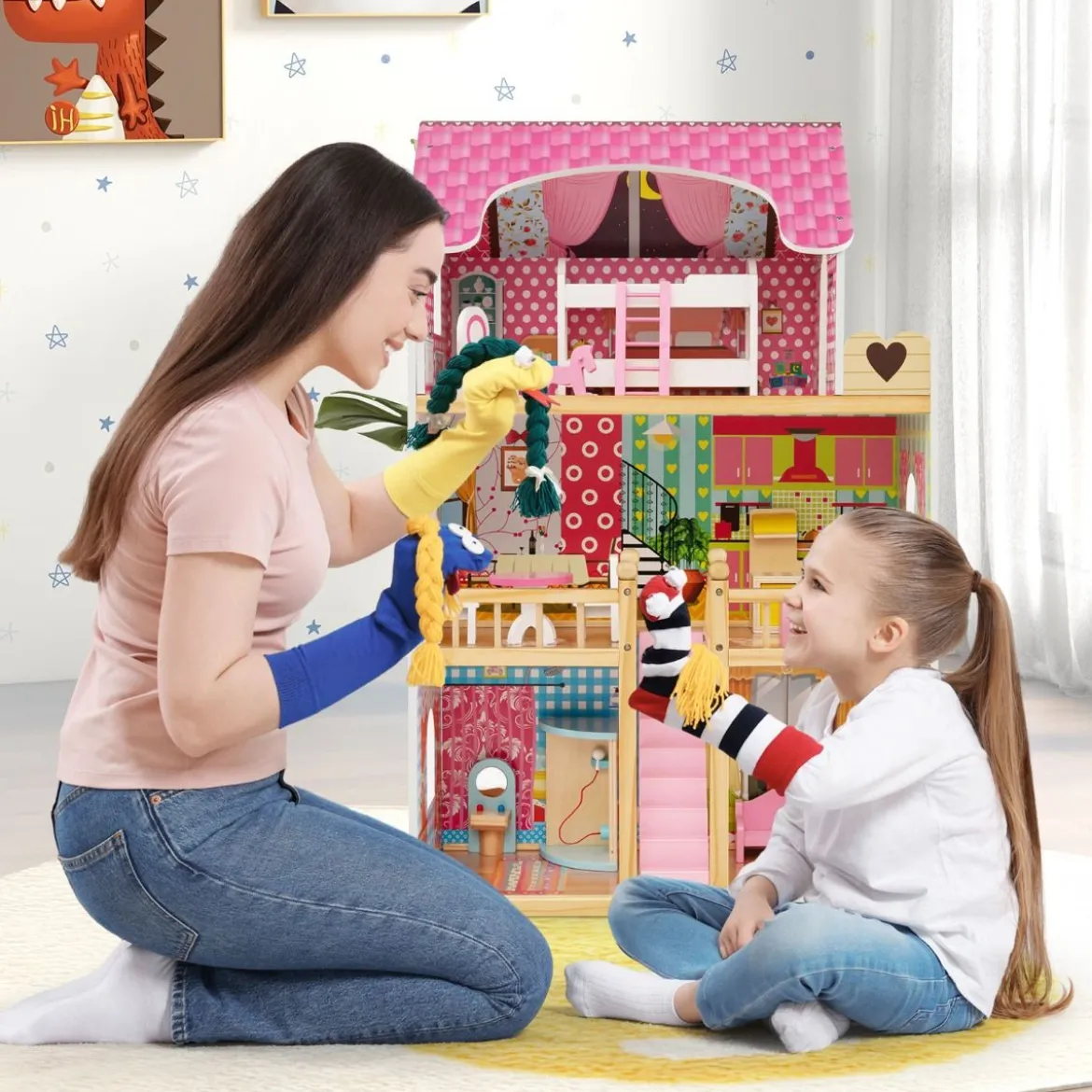 Holz Puppenhaus mit 3 Etagen & 15 Möbel & 6 Zimmern Traumhaus Dollhouse Puppenvilla