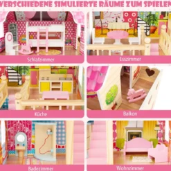 Holz Puppenhaus mit 3 Etagen & 15 Möbel & 6 Zimmern Traumhaus Dollhouse Puppenvilla
