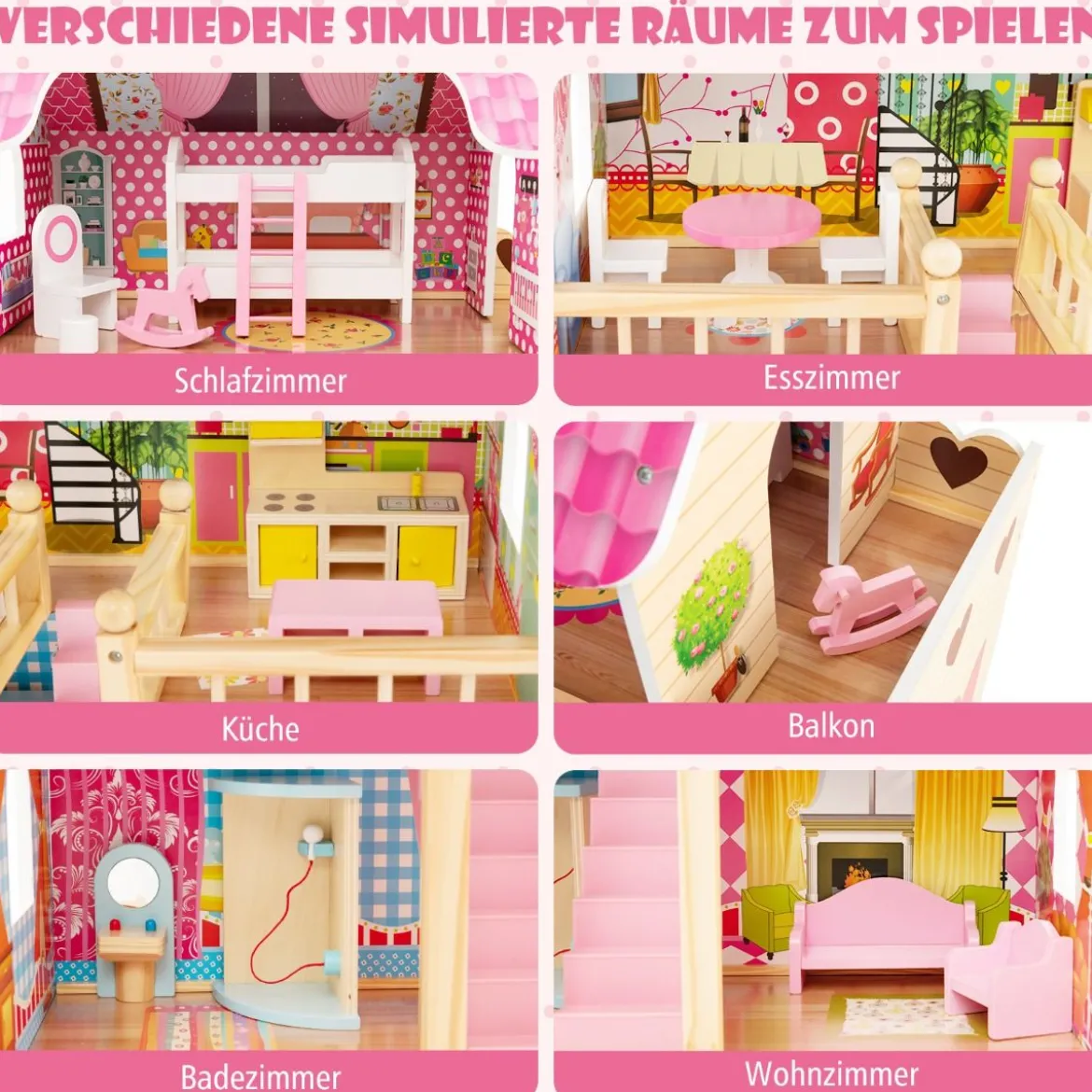 Holz Puppenhaus mit 3 Etagen & 15 Möbel & 6 Zimmern Traumhaus Dollhouse Puppenvilla