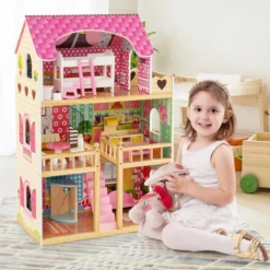 Holz Puppenhaus mit 3 Etagen & 15 Möbel & 6 Zimmern Traumhaus Dollhouse Puppenvilla