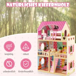Holz Puppenhaus mit 3 Etagen & 15 Möbel & 6 Zimmern Traumhaus Dollhouse Puppenvilla