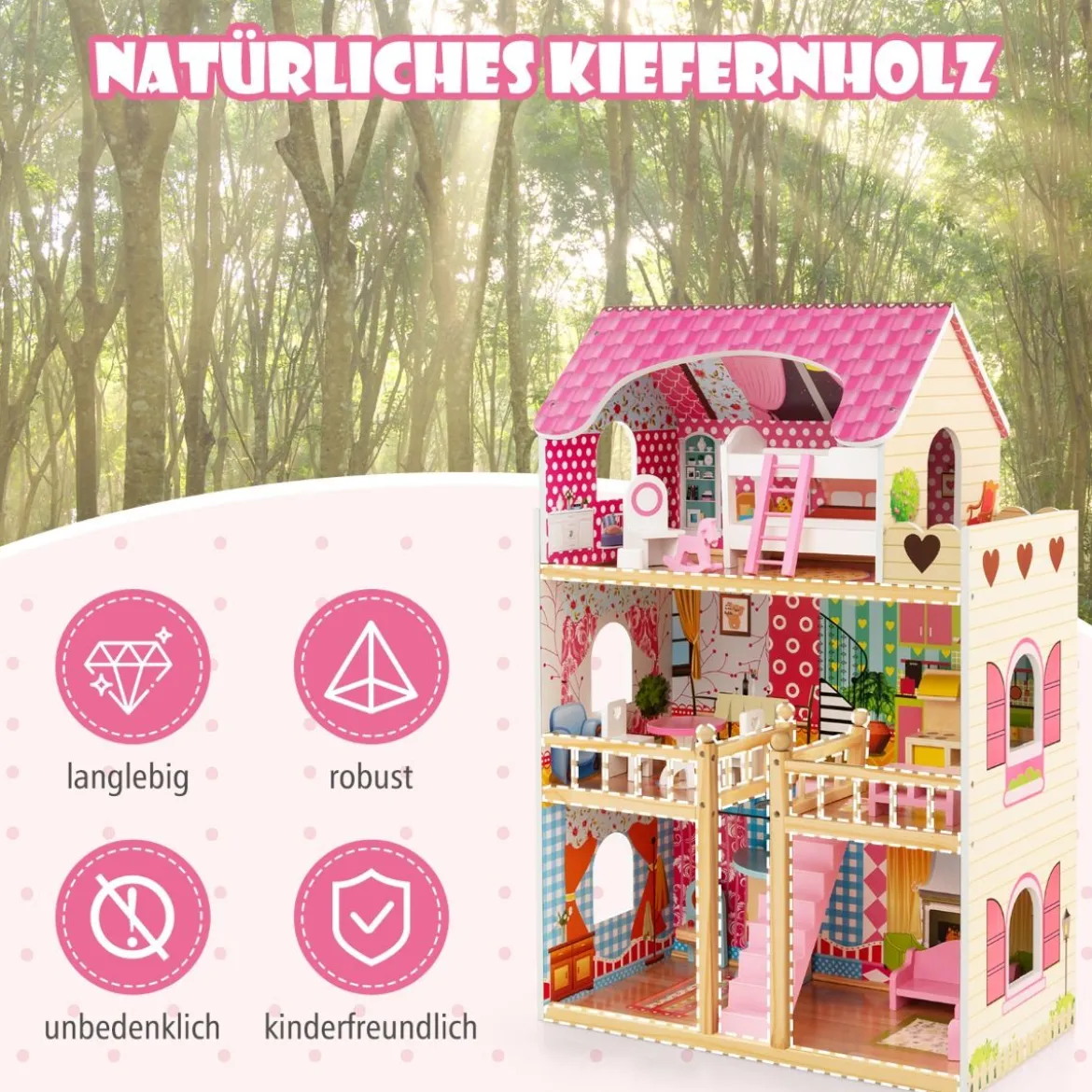 Holz Puppenhaus mit 3 Etagen & 15 Möbel & 6 Zimmern Traumhaus Dollhouse Puppenvilla