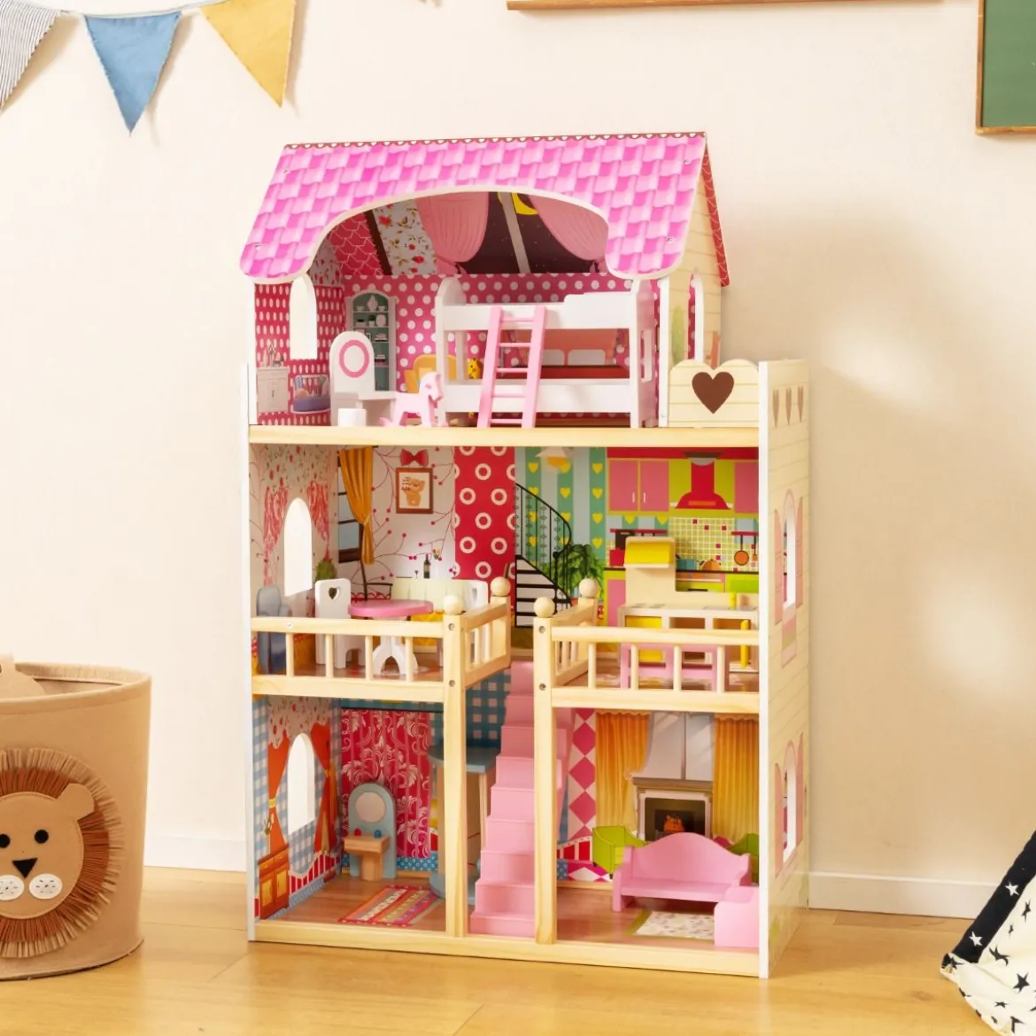 Holz Puppenhaus mit 3 Etagen & 15 Möbel & 6 Zimmern Traumhaus Dollhouse Puppenvilla