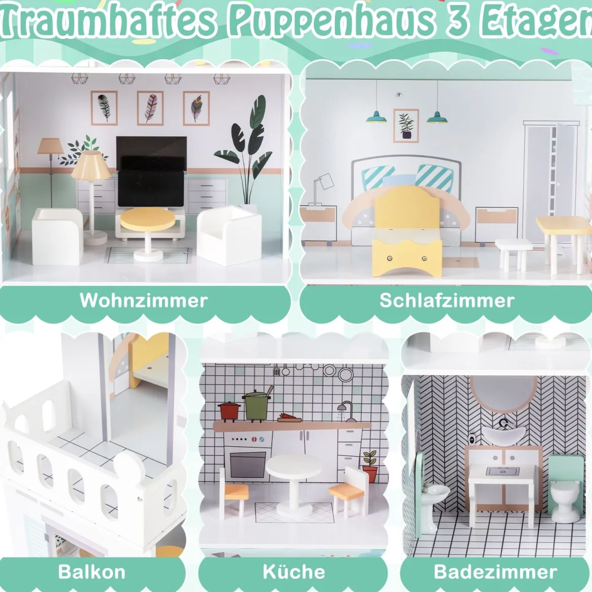 Holz Puppenhaus mit 17-teiliger Möbelausstattung & Treppenzubehör Dollhouse Grün