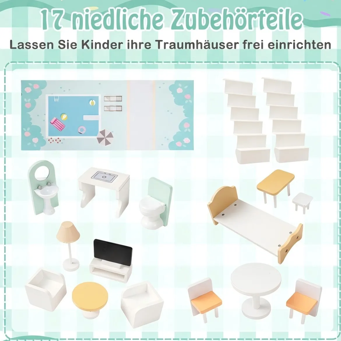 Holz Puppenhaus mit 17-teiliger Möbelausstattung & Treppenzubehör Dollhouse Grün