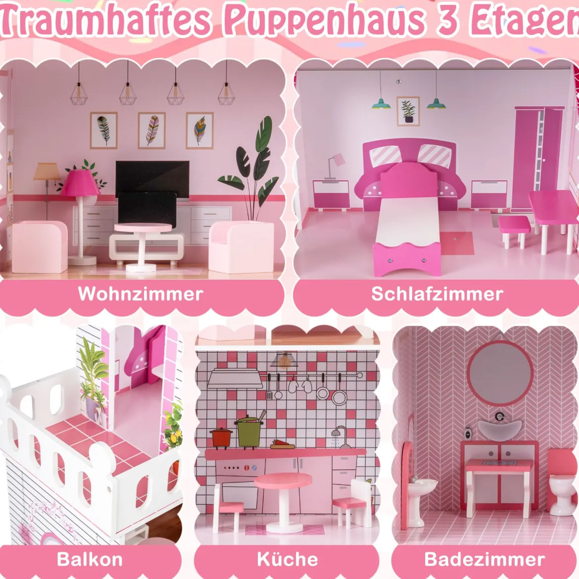 Holz Puppenhaus mit 17-teiliger Möbelausstattung & Treppenzubehör Dollhouse Rosa