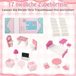 Holz Puppenhaus mit 17-teiliger Möbelausstattung & Treppenzubehör Dollhouse Rosa