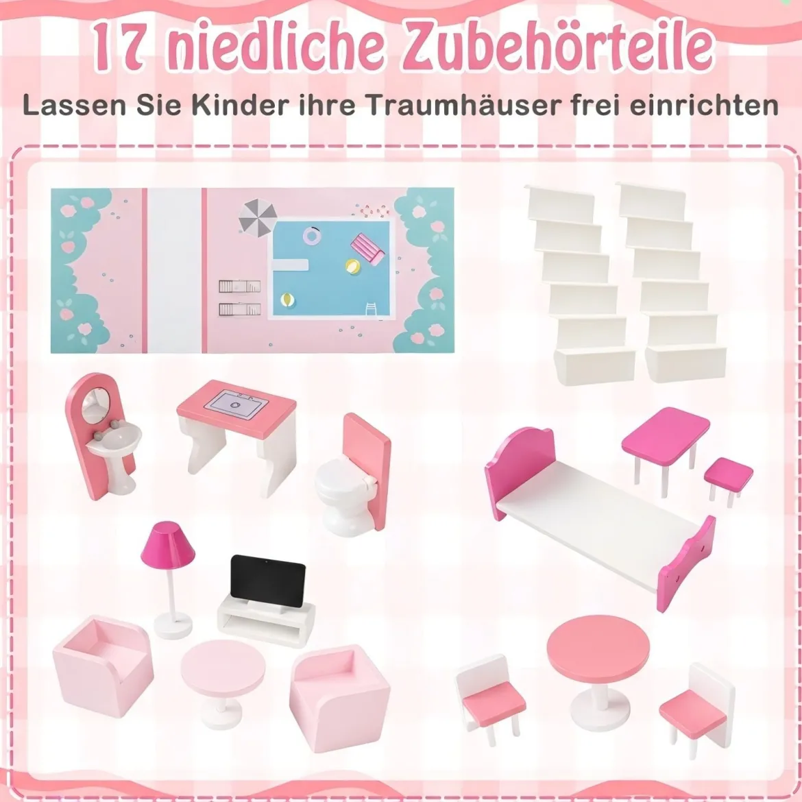 Holz Puppenhaus mit 17-teiliger Möbelausstattung & Treppenzubehör Dollhouse Rosa
