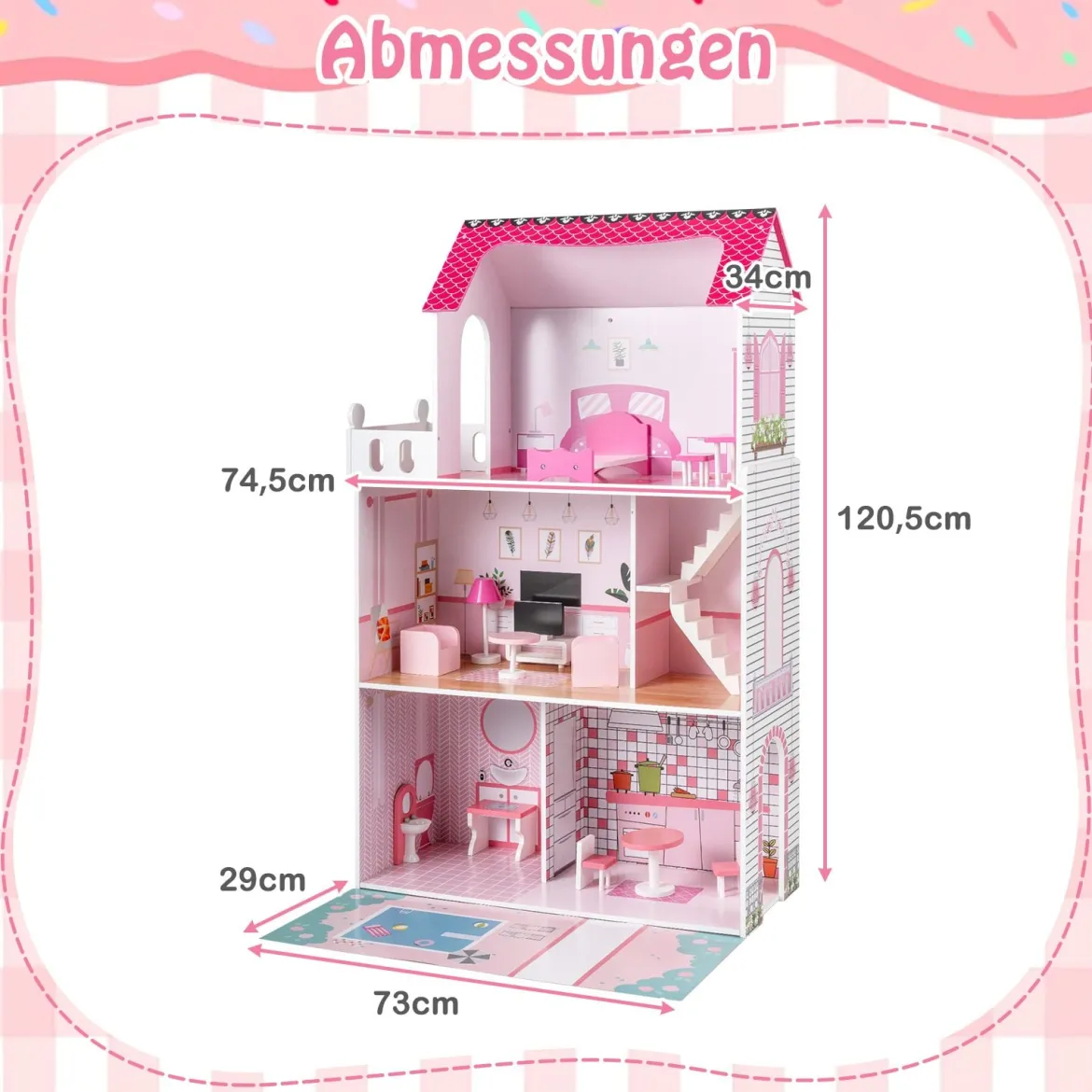 Holz Puppenhaus mit 17-teiliger Möbelausstattung & Treppenzubehör Dollhouse Rosa