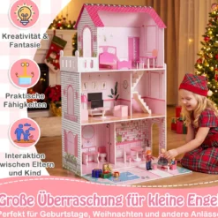 Holz Puppenhaus mit 17-teiliger Möbelausstattung & Treppenzubehör Dollhouse Rosa