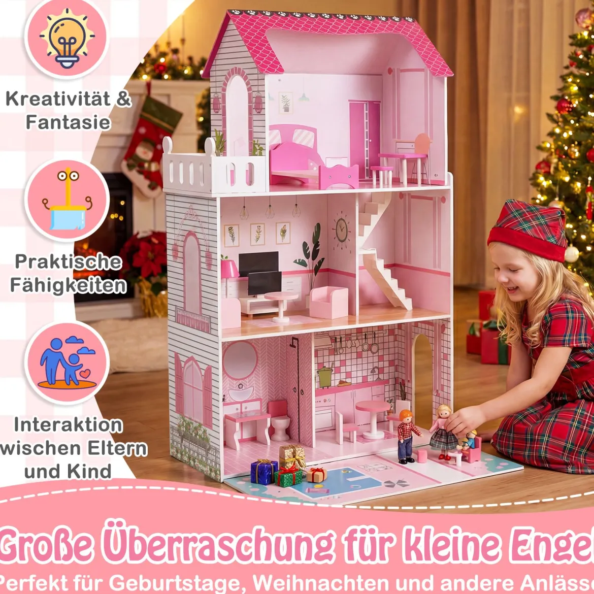 Holz Puppenhaus mit 17-teiliger Möbelausstattung & Treppenzubehör Dollhouse Rosa