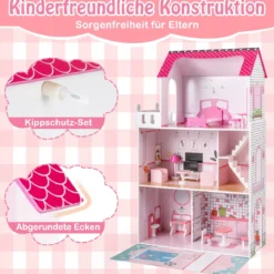 Holz Puppenhaus mit 17-teiliger Möbelausstattung & Treppenzubehör Dollhouse Rosa