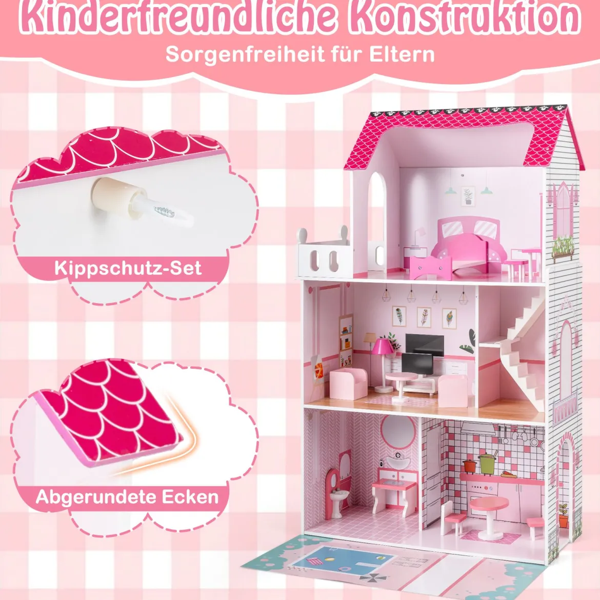Holz Puppenhaus mit 17-teiliger Möbelausstattung & Treppenzubehör Dollhouse Rosa