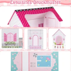 Holz Puppenhaus mit 17-teiliger Möbelausstattung & Treppenzubehör Dollhouse Rosa