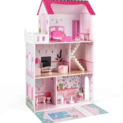 Holz Puppenhaus mit 17-teiliger Möbelausstattung & Treppenzubehör Dollhouse Rosa