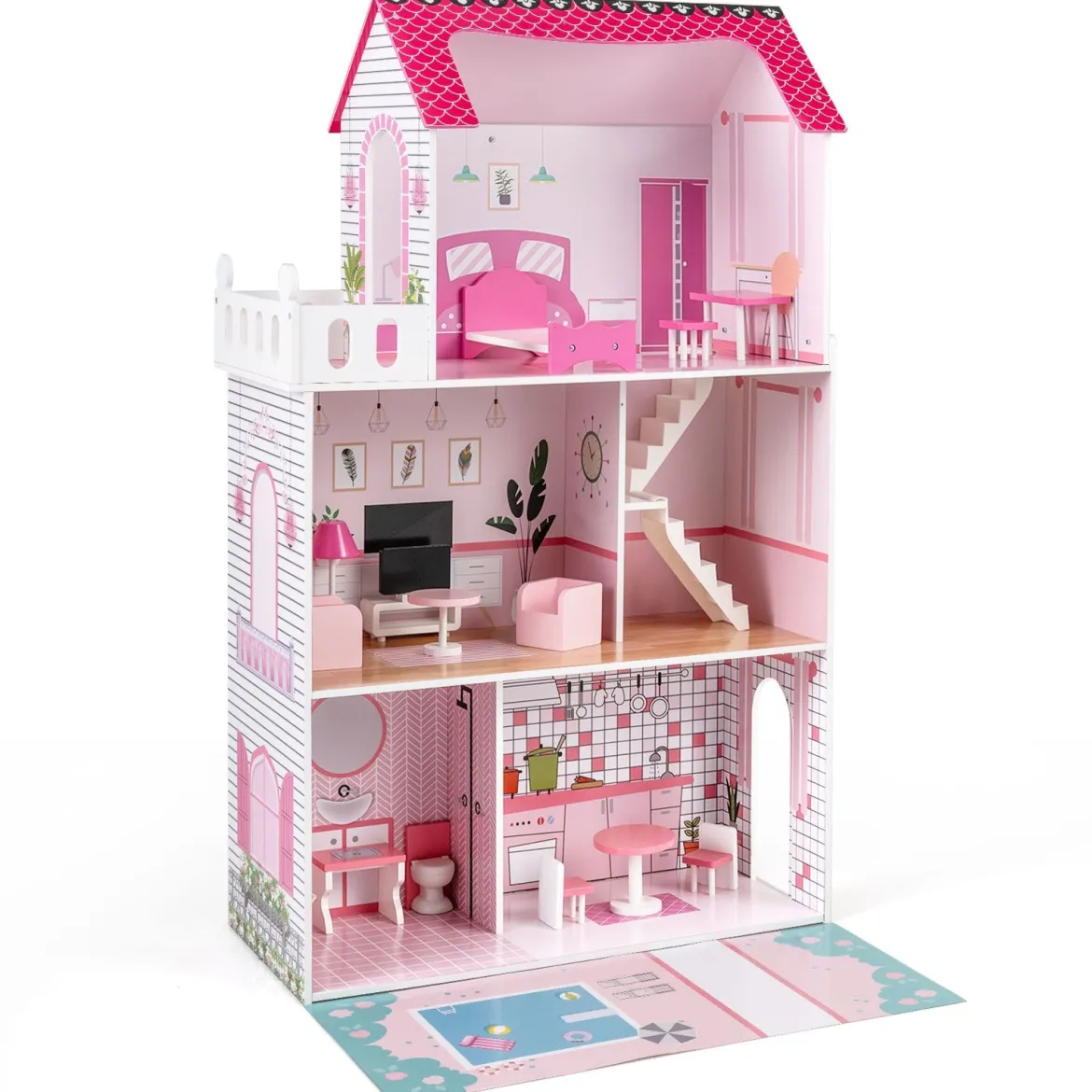Holz Puppenhaus mit 17-teiliger Möbelausstattung & Treppenzubehör Dollhouse Rosa