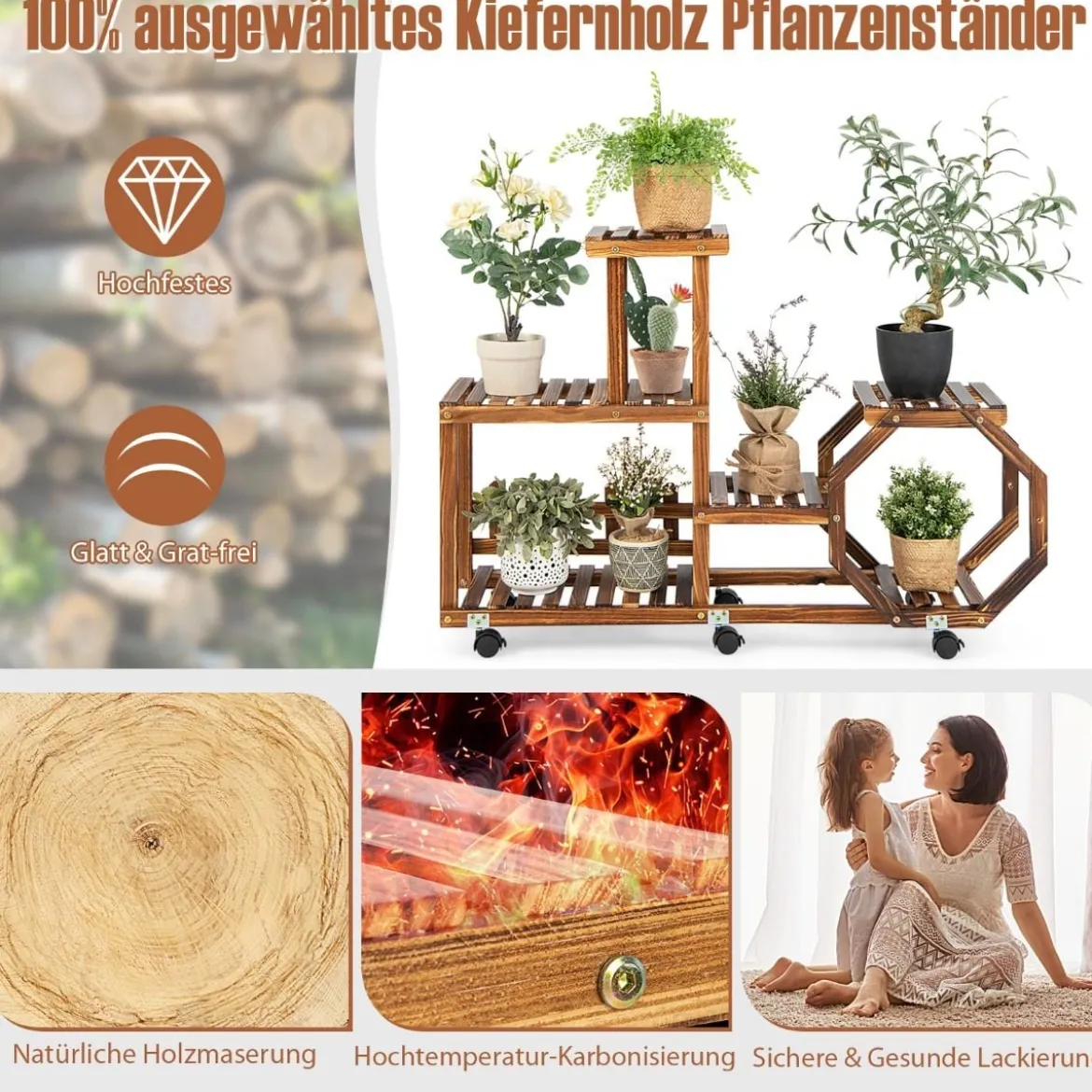 Holzregal zum Ausstellen Bewegliches Blumenregal 87,5 x 29 x 102,5 cm Natur