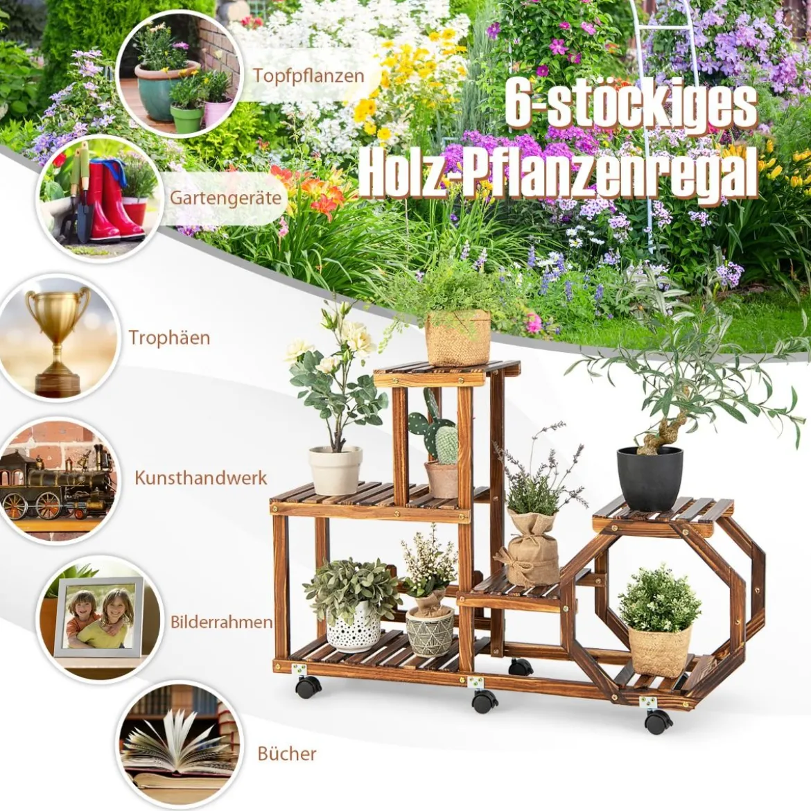 Holzregal zum Ausstellen Bewegliches Blumenregal 87,5 x 29 x 102,5 cm Natur
